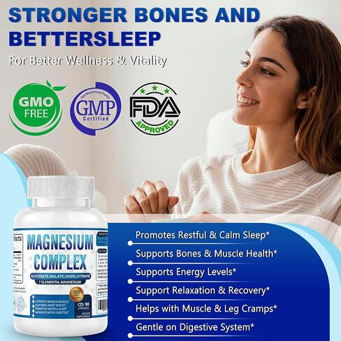 Magnesium Complex Supplement 7 Elemental 1000mg - Magnesium Glycinate, Citrate, Malate, Taurate, Chelated for Easy Absorption for Bones, Muscle, Recovery, Energy, Vegan Non-GMO 90 Capsules in Kuwait