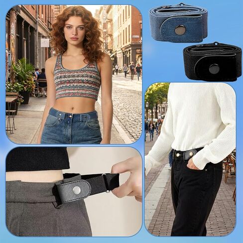 Invisible Side Belt No Buckle Belt for Women and Men（2pcs, Without Buckle Elastic Stretch Adjustable Belts Loop, Black & Blue Belts Loops for Jeans, Work Pants, Trousers in Saudi Arabia