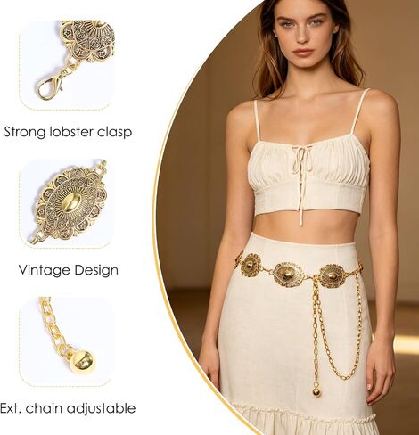 Women Fashion Gold Western Belt Metal Concho Belt for Cowgirl Waist Western Oval Belts Chain for Dresses Jeans Pants Country Concert Outfit in Saudi Arabia