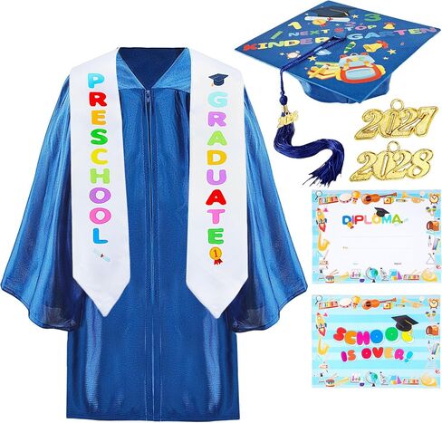 Preschool Graduation Gown and Cap with Tassel Printed Graduation Stoles Certificate Shiny Graduation Gown for Kindergarten in Kuwait