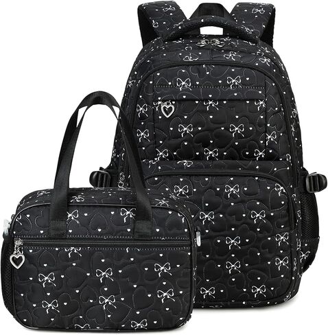Createy Bow Prints Backpack for Girls Backpack with Lunch Box Kids Bookbags Preschool Kindergarten Primary Elementary (Black) in Saudi Arabia