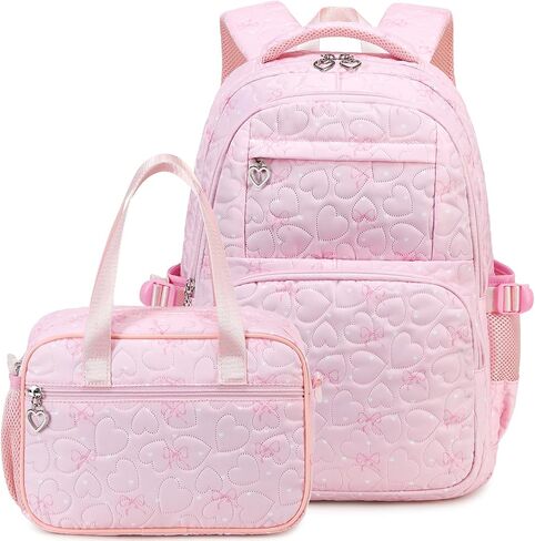 Createy Bow Prints Backpack for Girls Backpack with Lunch Box Kids Bookbags Preschool Kindergarten Primary Elementary (Black) in Saudi Arabia