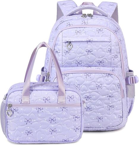 Createy Bow Prints Backpack for Girls Backpack with Lunch Box Kids Bookbags Preschool Kindergarten Primary Elementary (Black) in Saudi Arabia