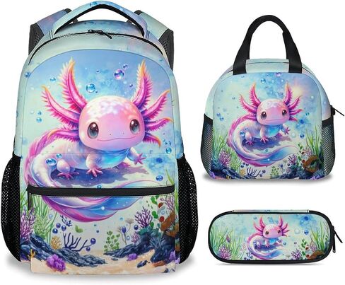 School Backpack with Lunch Box Set for Girls, 3PCS Axolotl Backpacks Matching Combo for Kids, Cute Animals Bookbag and Pencil Pouch Bundle for High School in Saudi Arabia