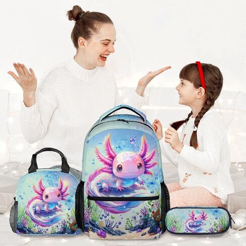 School Backpack with Lunch Box Set for Girls, 3PCS Axolotl Backpacks Matching Combo for Kids, Cute Animals Bookbag and Pencil Pouch Bundle for High School in Saudi Arabia