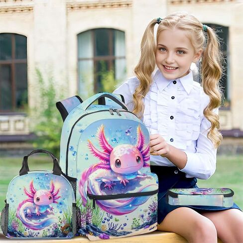 School Backpack with Lunch Box Set for Girls, 3PCS Axolotl Backpacks Matching Combo for Kids, Cute Animals Bookbag and Pencil Pouch Bundle for High School in Saudi Arabia