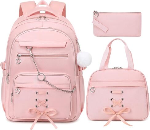 GeeWin Backpacks for Girls, Girls Backpack with Lunch Box & Pencil Case Set, Waterproof Bookbag with a Detachable Chain for Kids, Teens, Elementary Middle High College School Student (Black/Pink) in Saudi Arabia
