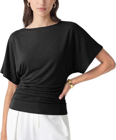 SeeLuNa Casual Womens Tops Boat Neck Pullover Shirts Batwing Short Sleeve Side Ruched Tunic Corset Top Work Blouse Basic Tee in Saudi Arabia