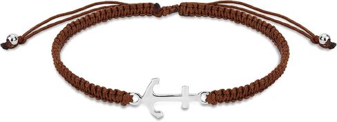 AeraVida Sparkly Anchor Sterling Silver Charm Brown Rope Adjustable Bracelet | Classic Sterling Silver Bangle Bracelet | Vintage Bangle Bracelets for Women | Sterling Silver Bracelets | Jewelry Gifts in Kuwait