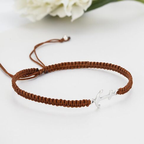AeraVida Sparkly Anchor Sterling Silver Charm Brown Rope Adjustable Bracelet | Classic Sterling Silver Bangle Bracelet | Vintage Bangle Bracelets for Women | Sterling Silver Bracelets | Jewelry Gifts in Kuwait