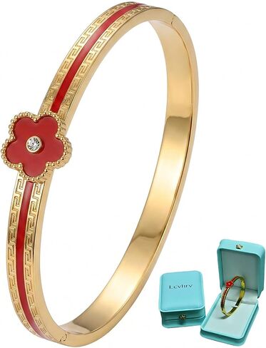 Clover Bangle Bracelet for Women, Gold Titanium Steel Five Leaf Clover Cuff Bangle with Imitation Shell Flower, Fashion Trendy Statement Bracelet, Gift Box Packaging in Kuwait