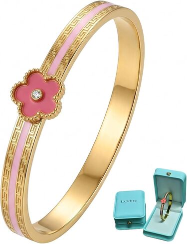 Clover Bangle Bracelet for Women, Gold Titanium Steel Five Leaf Clover Cuff Bangle with Imitation Shell Flower, Fashion Trendy Statement Bracelet, Gift Box Packaging in Kuwait
