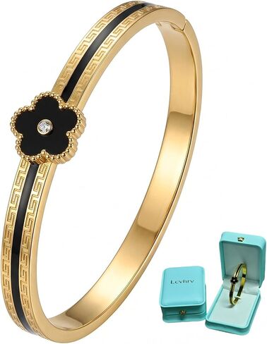 Clover Bangle Bracelet for Women, Gold Titanium Steel Five Leaf Clover Cuff Bangle with Imitation Shell Flower, Fashion Trendy Statement Bracelet, Gift Box Packaging in Kuwait