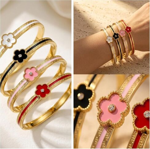 Clover Bangle Bracelet for Women, Gold Titanium Steel Five Leaf Clover Cuff Bangle with Imitation Shell Flower, Fashion Trendy Statement Bracelet, Gift Box Packaging in Kuwait