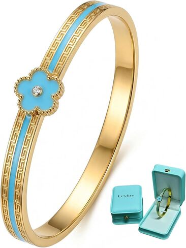 Clover Bangle Bracelet for Women, Gold Titanium Steel Five Leaf Clover Cuff Bangle with Imitation Shell Flower, Fashion Trendy Statement Bracelet, Gift Box Packaging in Kuwait