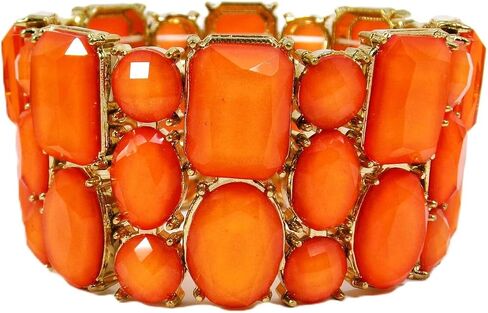 Beautiful wide orange stretch bracelet for women with a mix of bead shapes in oval, round, and rectangle and all in gold prong settings. Bold Wide Statement Bracelet – Trendy Colorful Fashion Jewelry in Kuwait