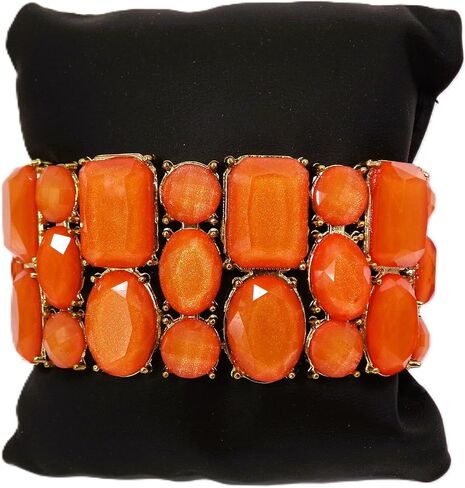 Beautiful wide orange stretch bracelet for women with a mix of bead shapes in oval, round, and rectangle and all in gold prong settings. Bold Wide Statement Bracelet – Trendy Colorful Fashion Jewelry in Kuwait
