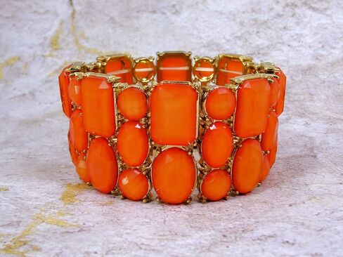 Beautiful wide orange stretch bracelet for women with a mix of bead shapes in oval, round, and rectangle and all in gold prong settings. Bold Wide Statement Bracelet – Trendy Colorful Fashion Jewelry in Kuwait