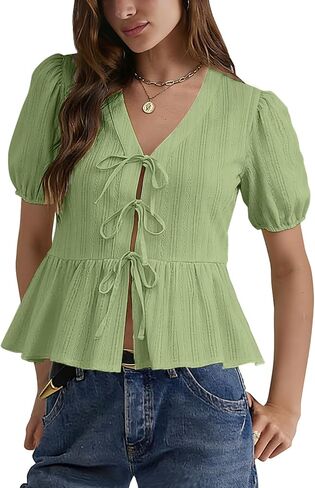 Women’s Puff Sleeve Peplum Babydoll Tops Tie Front Cotton T Shirts Summer Casual Loose Fit Flowy Bow Blouse in Saudi Arabia