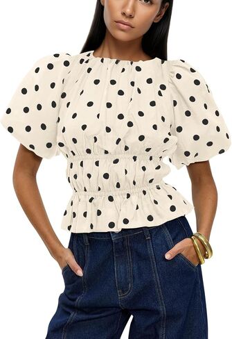 calbatic Women Polka Dot Peplum Tops Summer Puff Short Sleeve Ruched Waist Blouse Boat Neck Ruffle Hem Cute Shirt in Saudi Arabia