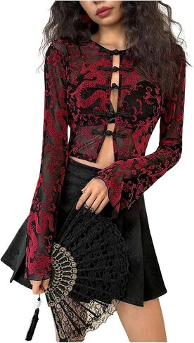 SOLY HUX Women's Mesh Sheer Cheongsam Top Dragon Print Button Down Long Sleeve Going Out Crop Tops Blouse in Kuwait
