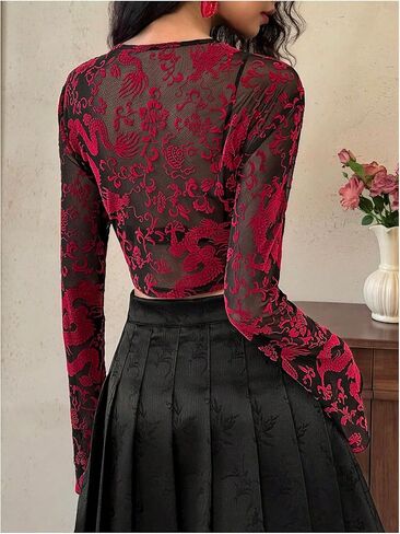 SOLY HUX Women's Mesh Sheer Cheongsam Top Dragon Print Button Down Long Sleeve Going Out Crop Tops Blouse in Kuwait