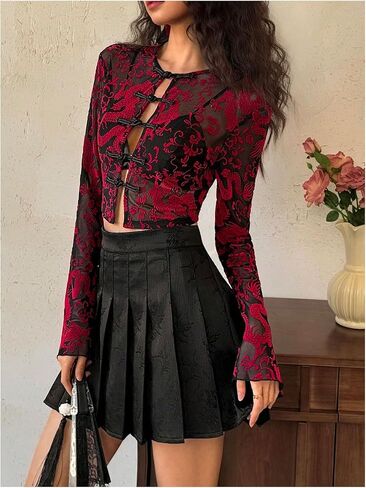 SOLY HUX Women's Mesh Sheer Cheongsam Top Dragon Print Button Down Long Sleeve Going Out Crop Tops Blouse in Kuwait