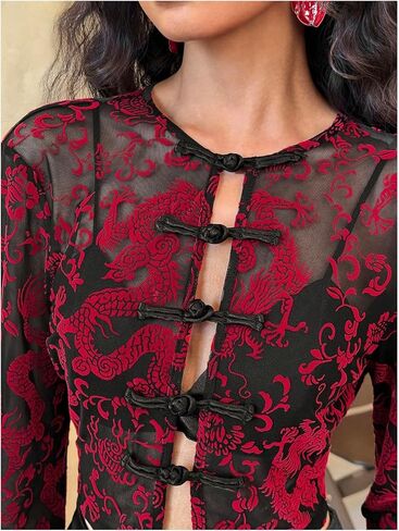 SOLY HUX Women's Mesh Sheer Cheongsam Top Dragon Print Button Down Long Sleeve Going Out Crop Tops Blouse in Kuwait
