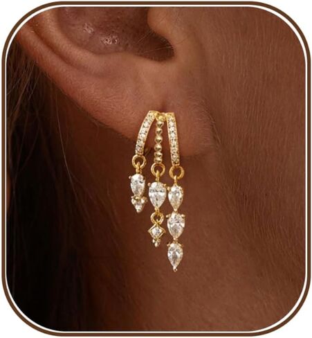 Gold Dangle Earrings for Women,Dainty 14K Gold Plated Triple Huggie Hoop Earrings Cute Statement Drop Earrings for Women Trendy Hypoallergenic CZ Gold Earrings Non Tarnish Wedding Prom Jewelry in Saudi Arabia