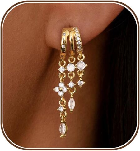 Gold Dangle Earrings for Women,Dainty 14K Gold Plated Triple Huggie Hoop Earrings Cute Statement Drop Earrings for Women Trendy Hypoallergenic CZ Gold Earrings Non Tarnish Wedding Prom Jewelry in Saudi Arabia
