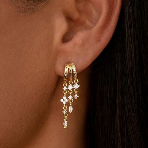 Gold Dangle Earrings for Women,Dainty 14K Gold Plated Triple Huggie Hoop Earrings Cute Statement Drop Earrings for Women Trendy Hypoallergenic CZ Gold Earrings Non Tarnish Wedding Prom Jewelry in Saudi Arabia