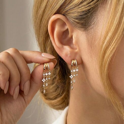 Gold Dangle Earrings for Women,Dainty 14K Gold Plated Triple Huggie Hoop Earrings Cute Statement Drop Earrings for Women Trendy Hypoallergenic CZ Gold Earrings Non Tarnish Wedding Prom Jewelry in Saudi Arabia