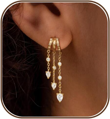 Gold Dangle Earrings for Women,Dainty 14K Gold Plated Triple Huggie Hoop Earrings Cute Statement Drop Earrings for Women Trendy Hypoallergenic CZ Gold Earrings Non Tarnish Wedding Prom Jewelry in Saudi Arabia