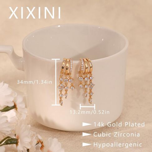 Gold Dangle Earrings for Women,Dainty 14K Gold Plated Triple Huggie Hoop Earrings Cute Statement Drop Earrings for Women Trendy Hypoallergenic CZ Gold Earrings Non Tarnish Wedding Prom Jewelry in Saudi Arabia