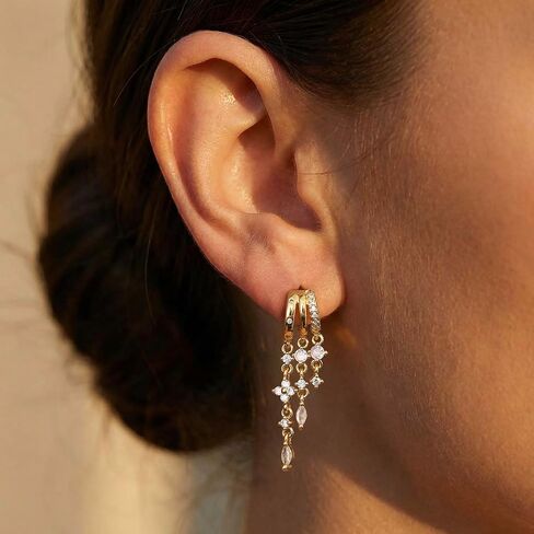 Gold Dangle Earrings for Women,Dainty 14K Gold Plated Triple Huggie Hoop Earrings Cute Statement Drop Earrings for Women Trendy Hypoallergenic CZ Gold Earrings Non Tarnish Wedding Prom Jewelry in Saudi Arabia