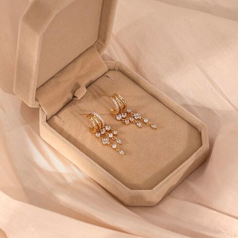 Gold Dangle Earrings for Women,Dainty 14K Gold Plated Triple Huggie Hoop Earrings Cute Statement Drop Earrings for Women Trendy Hypoallergenic CZ Gold Earrings Non Tarnish Wedding Prom Jewelry in Saudi Arabia
