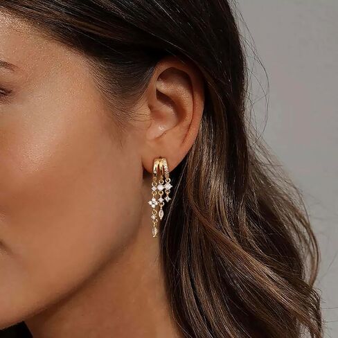 Gold Dangle Earrings for Women,Dainty 14K Gold Plated Triple Huggie Hoop Earrings Cute Statement Drop Earrings for Women Trendy Hypoallergenic CZ Gold Earrings Non Tarnish Wedding Prom Jewelry in Saudi Arabia