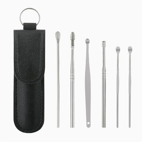 Stainless Steel Ear Wax Removal Kit, 6-Piece Ear Picking Spoon Set with Portable Keychain Leather Case, for Adults in Kuwait