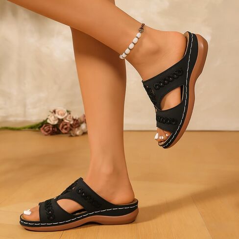 Women Floral Embroidered Wedge Sandals | Open Toe Lightweight Breathable Casual Summer Slides in Kuwait