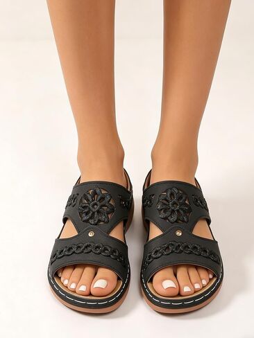 Women Floral Embroidered Wedge Sandals | Open Toe Lightweight Breathable Casual Summer Slides in Kuwait