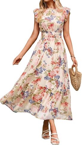 BerryGo Womens Floral Wedding Guest Dress Summer Casual Short Sleeve Long Beach Vacation Flowy A Line Chiffon Modest Dresses in Kuwait
