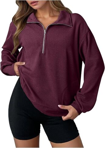 Sweatshirt for Women Waffle Knit Half Zip Pullover Tops Lightweight Long Sleeve Fashion Sweatshirts 2025 Fall Outfits in Kuwait