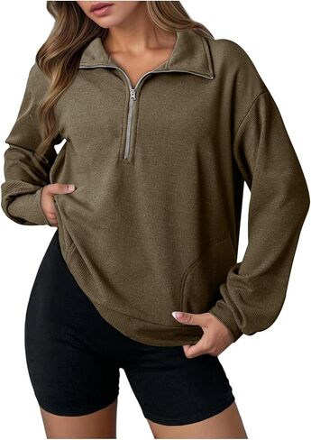Sweatshirt for Women Waffle Knit Half Zip Pullover Tops Lightweight Long Sleeve Fashion Sweatshirts 2025 Fall Outfits in Kuwait