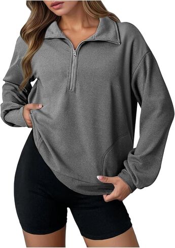 Sweatshirt for Women Waffle Knit Half Zip Pullover Tops Lightweight Long Sleeve Fashion Sweatshirts 2025 Fall Outfits in Kuwait