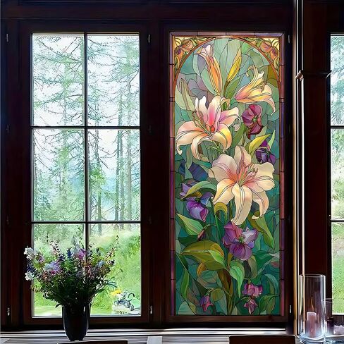 Vintage Stained Glass Privacy Window Film, Decorative Floral Window Cling, 39.3 x 17.5 Inch Removable White Floral Window Film for Bathroom Bedroom Glass Door in Saudi Arabia