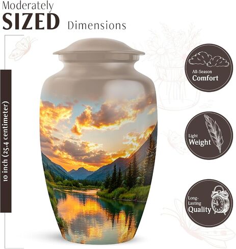 Mountain Urn for Ashes for Women, Pine Forest Decorative Urns for Parents, Beige Large Urns for Human Ashes for Women, River Sunset Cremation Urn for Mom & Dad, 10 Inch in Saudi Arabia