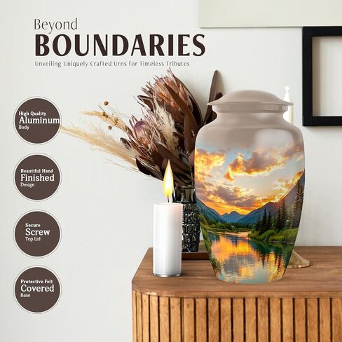 Mountain Urn for Ashes for Women, Pine Forest Decorative Urns for Parents, Beige Large Urns for Human Ashes for Women, River Sunset Cremation Urn for Mom & Dad, 10 Inch in Saudi Arabia