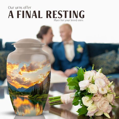 Mountain Urn for Ashes for Women, Pine Forest Decorative Urns for Parents, Beige Large Urns for Human Ashes for Women, River Sunset Cremation Urn for Mom & Dad, 10 Inch in Saudi Arabia