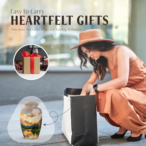 Mountain Urn for Ashes for Women, Pine Forest Decorative Urns for Parents, Beige Large Urns for Human Ashes for Women, River Sunset Cremation Urn for Mom & Dad, 10 Inch in Saudi Arabia