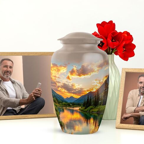 Mountain Urn for Ashes for Women, Pine Forest Decorative Urns for Parents, Beige Large Urns for Human Ashes for Women, River Sunset Cremation Urn for Mom & Dad, 10 Inch in Saudi Arabia
